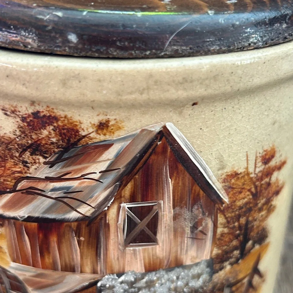 Vintage RRP Co Roseville Ohio Stoneware Canister with Wood Lid Water Mill Barn